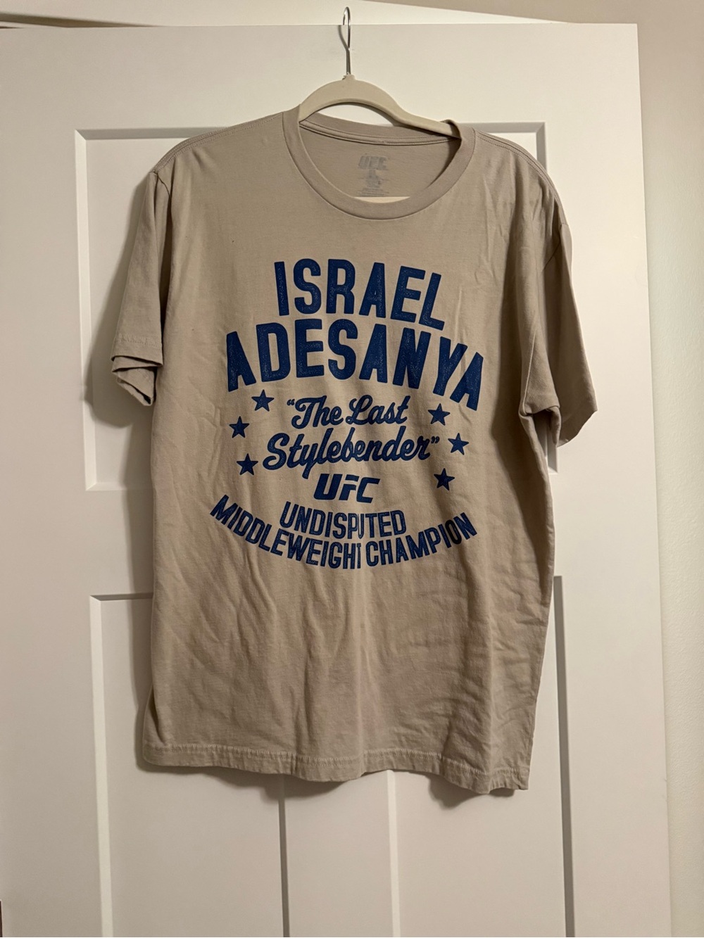 UFC Beige Short Sleeve Tee with Blue Israel Adesanya Graphic